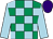 Emerald green and light blue check, light blue sleeves, purple cap (Mr David Kemp)