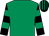 Emerald green, black and emerald green hooped sleeves, striped cap (Mrs Shona Westrope)